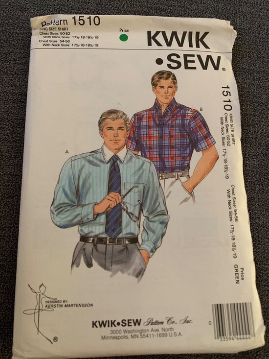 Kwik Sew Other - Kwik Sew 1510 Mens Shirt Sewing Pattern Chest Size 50-56 Neck 17 1/2-19 Uncut